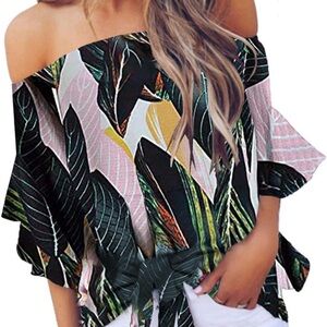 Green and‎ White Off-Shoulder Bell Sleeve Tie Front Top